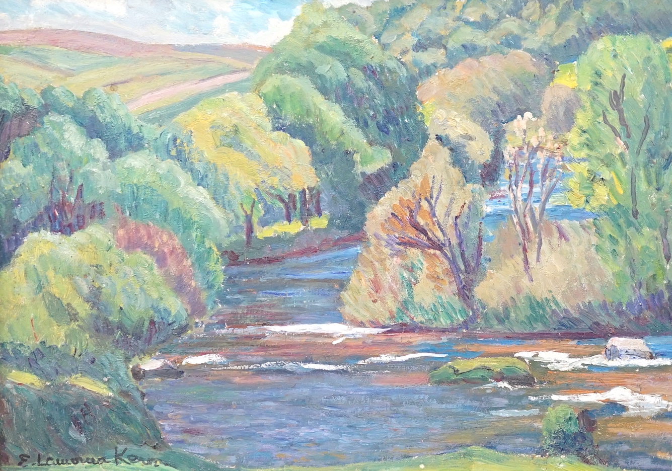 Elizabeth Lamorna Kerr (1905-1990), oil on board, Wooded river landscape, signed, 24 x 34cm